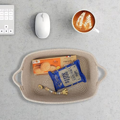 XUANGUO Medium Woven Cotton Rope Storage Basket with Handles, Oatmeal - color: Oatmeal