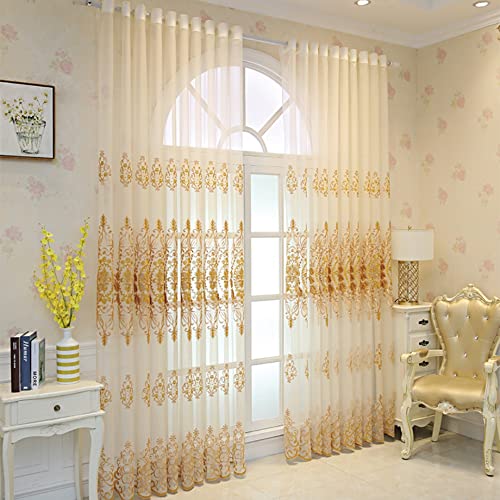 Amidoudou 1 Pair European Jacquard Sheer Curtains for Living Room Bedroom Luxury Embroidered Tulle Curtains (Gold,52x90 Inch) - color: Gold, size: 52"W x 90"L (Pack of 2)