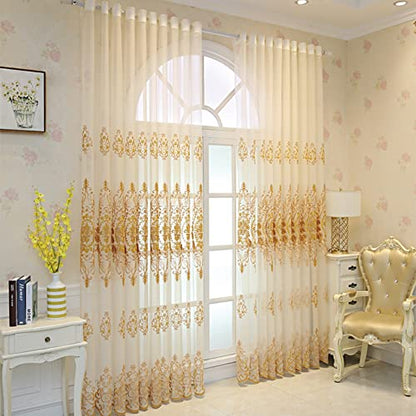 Amidoudou 1 Pair European Jacquard Sheer Curtains for Living Room Bedroom Luxury Embroidered Tulle Curtains (Gold,52x84 Inch) - color: Gold, size: 52"W x 84"L (Pack of 2)