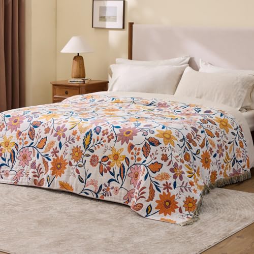 100% Cotton Boho Throw Blanket for Home Decor – Classic Farmhouse Quilt Bedding, Muslin Blankets for Adults, Vintage Woven Decorative Blanket for Couch, Bed Layering Use, Botanic Floral, 104"x90" - color: 1 - Botanic Floral, size: King(104 x 90 Inch)