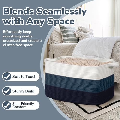 Goodpick Large Woven Rope Blanket Basket, Rectangle, Light Blue - color: Light Blue, size: Large(21.6"L x 14.9"W x 11.8"H)