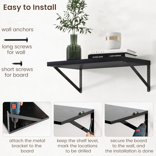 Axeman Deep Floating Shelves - 20 Inch Black Floating Shelves Set of 2-12 Inch Deep Wood Wall Shelves for Living Room Bathroom Kitchen - color: Black, size: 20W x 12D
