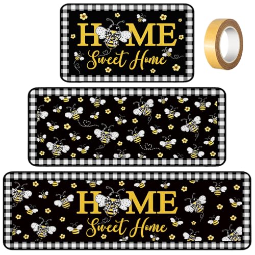 Fourluoo 3 Pcs Bee Kitchen Rugs and Mats Decor Set Honey Bee Kitchen Rugs - color: Honey Bee