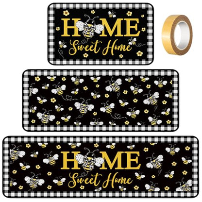 Fourluoo 3 Pcs Bee Kitchen Rugs and Mats Decor Set Honey Bee Kitchen Rugs - color: Honey Bee