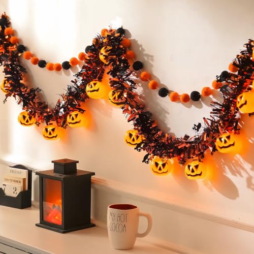 Halloween Garland with Lights, Halloween Tinsel Garland 10FT 20LED - color: Orange Black