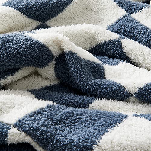 CozeCube Dusty Blue White Reversible Checkered Knit Throw Blanket 50"x60" - color: Dusty Blue and White, size: 50"x60"