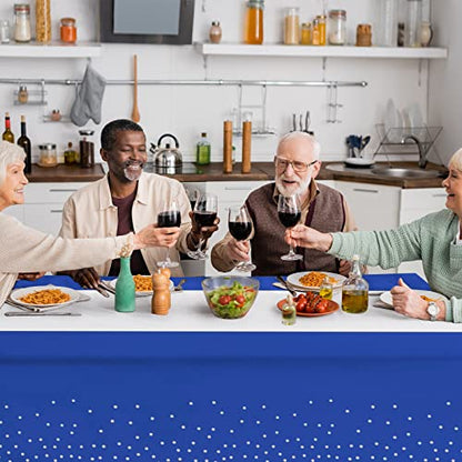 8Pack Disposable Plastic Tablecloths and Satin Table Runner Set Blue and Silver Dot Tablecloth Silver Satin Table Runner for Wedding Birthday Baby Shower Anniversary Christmas New Year Party Supplies - color: Blue and Silver, size: 8 Pack