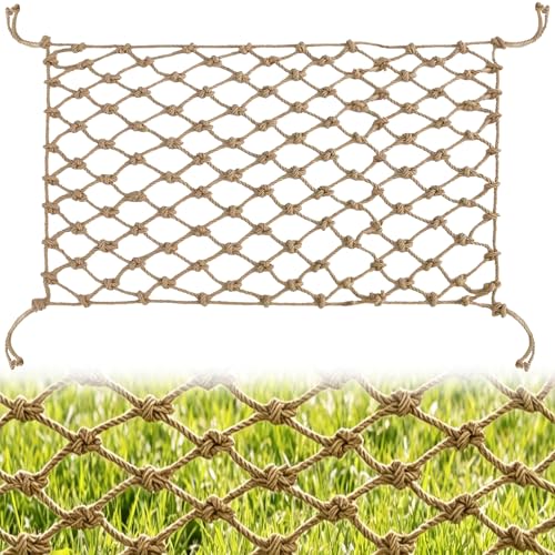 Jute Hemp Rope Net, Heavy Duty Climbing Net, 0.39 in Thick Woven Natural Fiber, 3.3 ft x 6.6 ft Netting, 3.9 in Mesh for Supervised Kids Outdoor Playground, Balcony, Stairs, Garden Decor