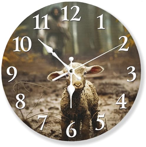 Christian Jesus Running After Lost Lamb Silent Non Ticking Wall Clock 12 Inch, Battery Operated, Christmas Round Wood Wall Clocks, Decorative for Living Room, Kitchen, Bedroom, Bathroom, Gifts - color: Jesus Christian