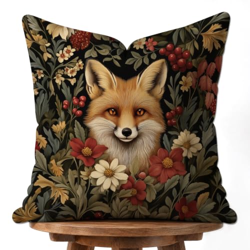 Vintage Fox Flower Whimsical Throw Pillow Cover,Retro Decorative Pillowcase - color: Brown-fox