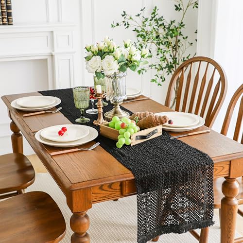 Simple&Opulence Boho Macrame 100% Cotton Table Runner - 12 x 72 Inch, Woven Farmhouse Table Runner with Tassels for Bohemian Rustic Wedding, Bridal Shower, Dinner （Black） - size: 12"x72", style: Cotton / Black