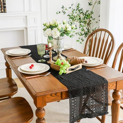 Simple&Opulence Boho Macrame 100% Cotton Table Runner - 12 x 72 Inch, Woven Farmhouse Table Runner with Tassels for Bohemian Rustic Wedding, Bridal Shower, Dinner （Black） - size: 12"x72", style: Cotton / Black