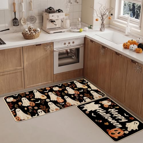Baccessor Halloween Kitchen Rug Cute Ghost Set of 2,17x29 and 17x47 Inch - color: Cute Ghosts