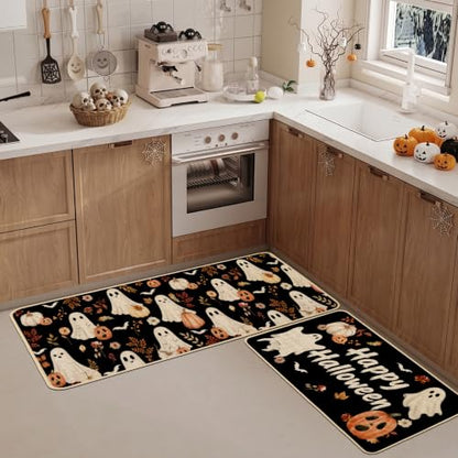 Baccessor Halloween Kitchen Rug Cute Ghost Set of 2,17x29 and 17x47 Inch - color: Cute Ghosts