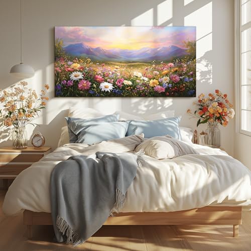 crmotu Rustic Oversized Canvas Art, Mountain Flower Sunset Prints 29"x57" - color: Mountains Sea of Flowers, size: 57"L x 29"W