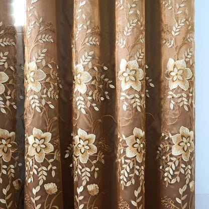 Amidoudou 1 Pair European Double Layer Curtains for Living Room Bedroom Luxury Flower Embroidered Curtains with Valance (Brown,52x84 Inch) - color: Brown, size: 52"W x 84"L (Pack of 2)