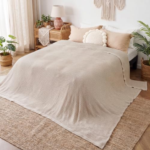 Bedsure 100% Cotton Big Oversized King Blanket, Waffle Weave, Beige - color: 02 Beige, size: Oversized King (120" X 94")