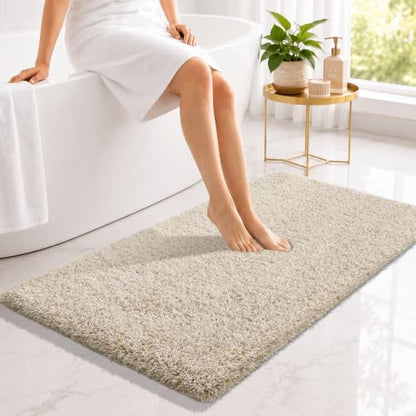Yimobra Long Bathroom Rug 44x24, Plush Non Slip Bath Mat,Light Beige&White - color: Light Beige and White, size: 44" X 24"