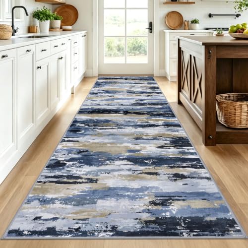 Abstract Washable Runners for Hallway 3x10 Runner Rug Non Slip - color: Navy / Blue / Taupe, size: 3' x 10' (Runner)