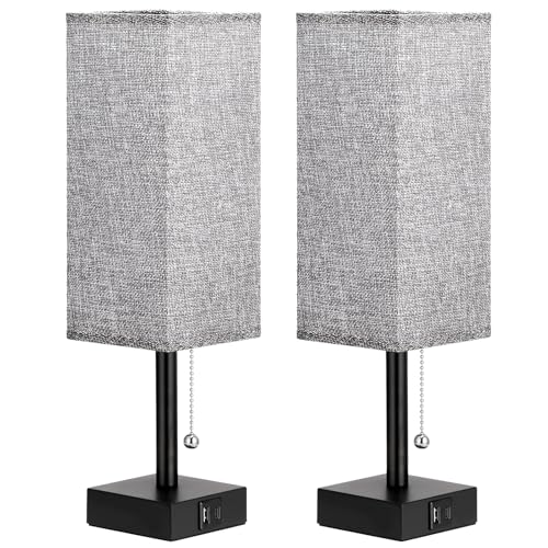 Set of 2 Grey Bedside Table Lamps for Bedroom - Nightstand Lamp, USB C+A - color: Gray & Black (2PCS), size: 14.3in
