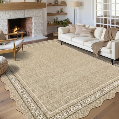 GarveeHome Scalloped Washable 8x10 Area Rug for Living Room Non Slip, Jute - color: Jute Color, size: 8' x 10' (Rectangular)