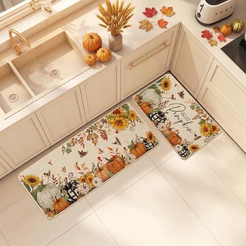 Baccessor Fall Pumpkin Kitchen Rugs Set of 2, 17x29 and 17x47 Inch - color: Fall Pumpkin