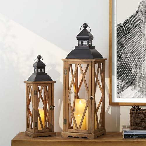 Glitzhome Decorative Candle Lanterns, 2 Pack Farmhouse Lanterns Decor, Vintage Hanging Candle Holder Wooden Lantern Decorative Indoor&Outdoor for Patio, Porch, Entryway, Centerpieces (No Glass) - color: Diamond Brown