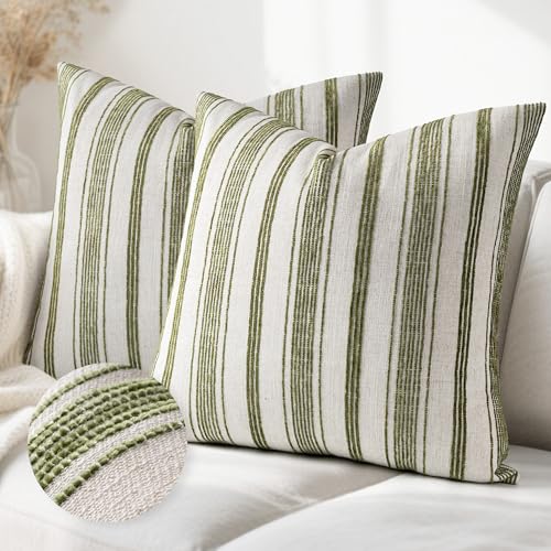 AELS 26x26 Decorative Farmhouse Linen Throw Pillow Covers, Beige with Olive Green Chenille Striped Pillow Case, Set of 2, Boho Textured Cushion Cover for Sofa Couch Living Room (Cover ONLY) - color: Beige With Olive Green, size: 26" x 26" (Pack of 2)