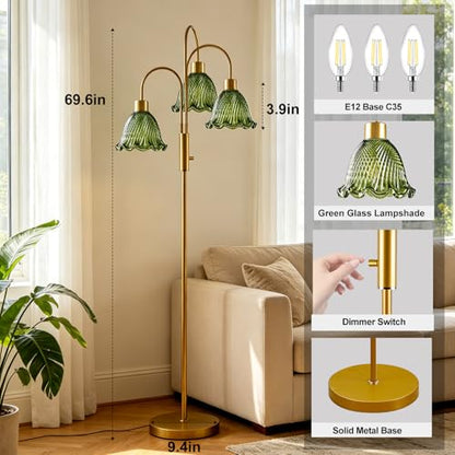 Glass Floor Lamp 3-Light 70" Green Flower Gold Dimmable Tall Standing Lamps - color: Green Flower-Gold