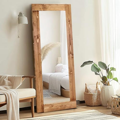 58x24in Full Length Mirror, Solid Wood Convex Frame, Light Brown - color: Light Brown-convex Frame, size: 58"L x 24"W