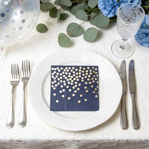 80 Pack of Paper Cocktail Napkins with Gold Foil Polka Dot Confetti，Polka Dot Party Supplies(5 x 5 in，2-ply) (80, blue gold) - style: Blue Gold Dot