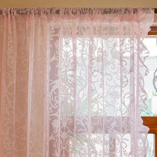 TUDECO Pink Lace Curtains 63 Inch Length, Romantic Ruffle Edges, 2 Panels - color: Pink, size: 59"W x 63"L (Pack of 2)