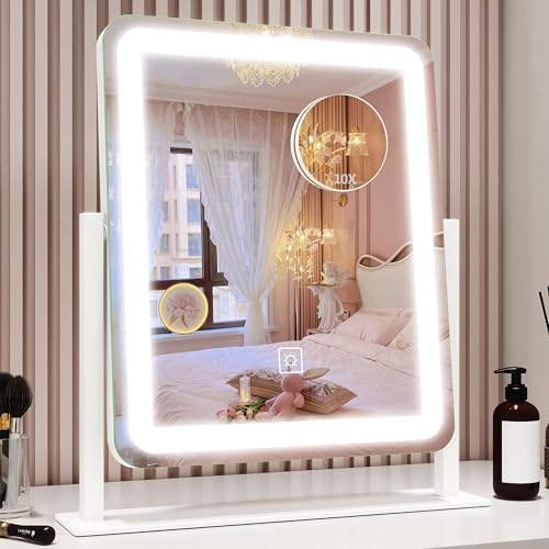 ROLOVE Vanity Mirror with Lights, 12.6"x15" LED Makeup Mirror with Lights, Smart Touch Control 3 Color Dimmable, Lighted Desk Mirror for Bedroom, Light Up Mirror - color: White, size: 13"L x 15"W