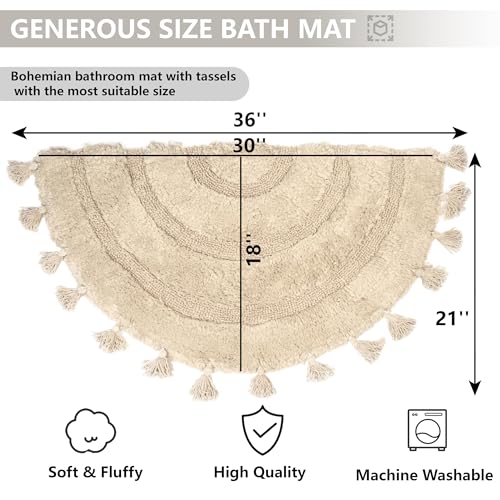 KOEXM Half Circle Boho Bathroom Rugs with Tassels 100% Cotton - color: Beige, size: 1'10" x 3'1" (Semicircular)