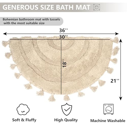 KOEXM Half Circle Boho Bathroom Rugs with Tassels 100% Cotton - color: Beige, size: 1'10" x 3'1" (Semicircular)