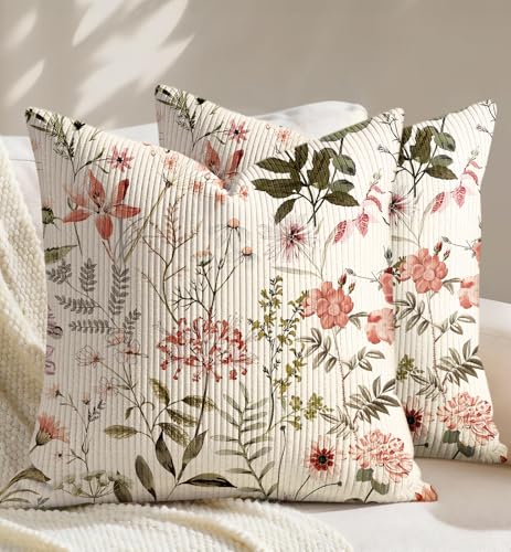 Corduroy Throw Pillow Covers 20x20 Inch - Set of 2 Decorative Summer Spring Pillow Covers with Zipper Farmhouse Decor Cottage Throw Pillowcases for Couch Sofa Living Room Home Bedroom, Floral - color: Floral, size: 20" x 20" (Pack of 2)