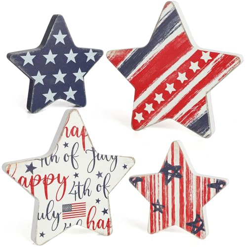 COCHIE 4th of July Decorations Wooden Star Set of 4, Labor Day Decor, Patriotic Memorial Day Tiered Tray Decor, Red White and Blue Veterans Day Decorations for Home Office Table Shelf (Patriotic) - color: Patriotic