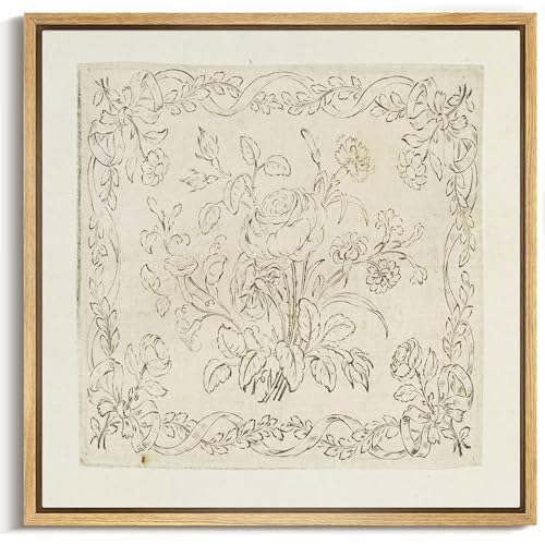 MUDECOR Framed Canvas Print Wall Art Vintage Rose Floral Sketch Neutral Botanical Line Illustrations Modern Art Group Colorful for Living Room, Bedroom, Office - 16"x16" NATURAL - color: B09-2604-M14, size: 16"L x 16"W
