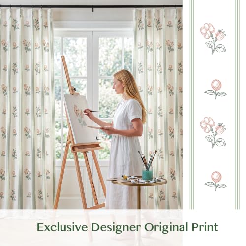 Pinch Pleat Linen Blend Curtains Green Stripe Floral, 40"W x102 Inches Long - color: Green Stirpe, size: 40"W x 102"L (Pack of 2)