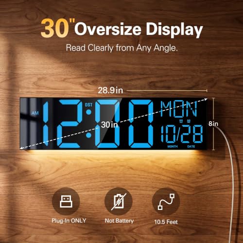 JALL 30" Extra Large Digital Wall Clock with 7.3-inch Jumbo Numbers, Giant LED Wall Clock with Remote, Digital Clock for Living Room, Gym, Warehouse, Office, Home Decor, Plug-in, Blue - color: Blue, size: 30 inches