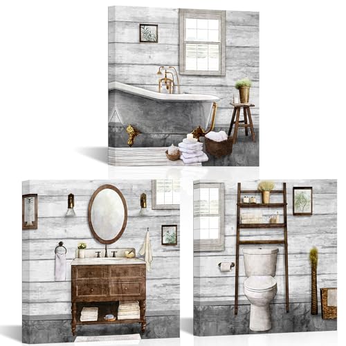 Visual Art Decor Bathroom wall Art Farmhouse Bathroom Decor Painting, Framed Canvas Wall Art 12x12inchx3Pieces (Grey) - color: Grey