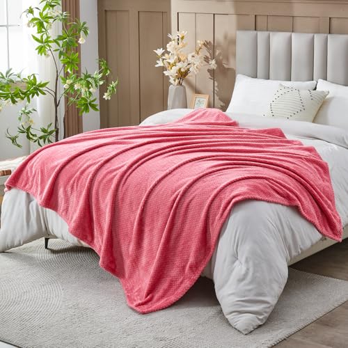 NEWCOSPLAY Fleece Leaves Pattern Queen Blanket, Coral Pink, 90"x90" - color: Coral Pink, size: Queen(90"x90")