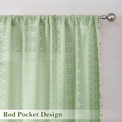 Green Boho Sheer Lace Window Curtains with Tassel, 40" Wx95 Lx2 - color: Green, size: 40"W x 95"L (Pack of 2)