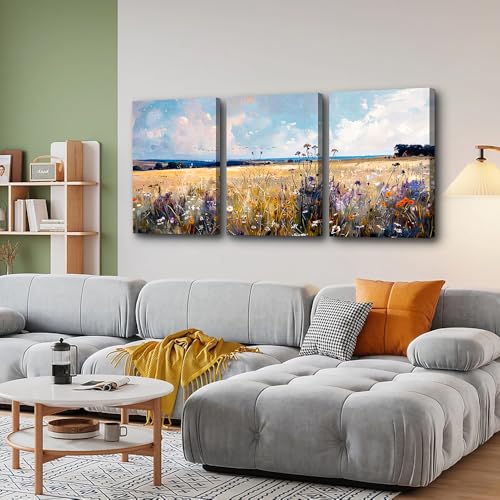 TTHYUEWS Large Wall Art for Living Room Canvas Decor for Bedroom Office - Modern Home Field Scenery Paintings Abstract Pictures Framed Prints Posters Artworks 3 Piece - color: Field Scenery Wall Paintings, size: 20x28inches*3pcs