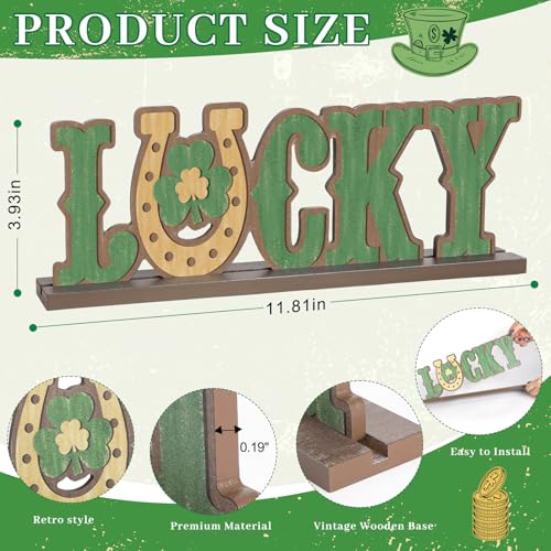 St Patricks Day Decorations Wooden Shamrock Decor, LUCKY Letter Sign, Farmhouse St Patricks Day Table Decor Centerpiece Standing Decor for Shelf Tabletop Fireplace Mantel Office Desk - color: Vintage