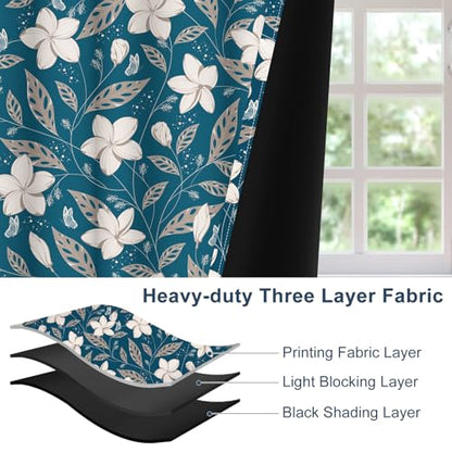 Teal Blue Patterned Blackout Curtains for Bedroom, 84 Inches Long 2 Panels - color: Floral in Teal Cloth
