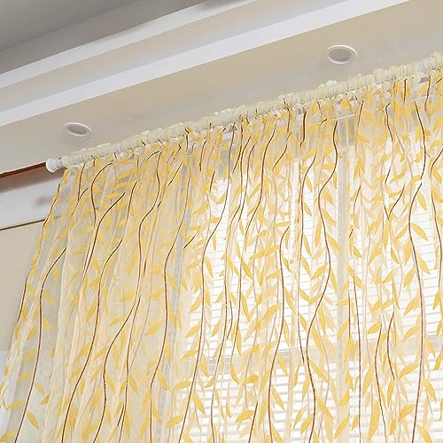 Ufurty 2pcs Willow Leaf Window Curtain Voile Tulle Sheer Vine Curtains - color: Yellow Leaf, size: 39.4"W x 78.7"L (Pack of 2)