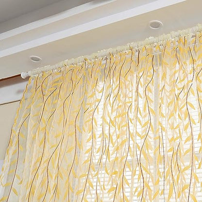 Ufurty 2pcs Willow Leaf Window Curtain Voile Tulle Sheer Vine Curtains - color: Yellow Leaf, size: 39.4"W x 78.7"L (Pack of 2)