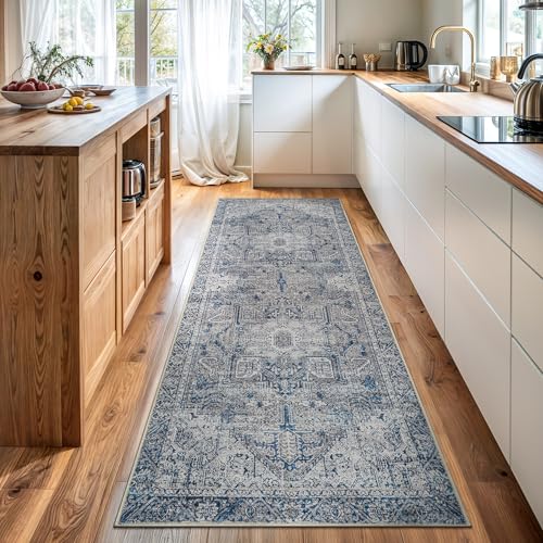 Bloom Rugs Washable Non-Slip 7 ft Runner - Blue/Gray Traditional Runner for Entryway, Hallway, Bathroom, and Kitchen - Exact Size: 2.5' x 7' - color: Blue / Gray, size: 2'6" x 7' (Runner)