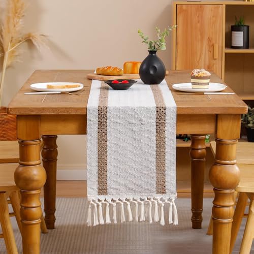 120 inch Table Runner Khaki Double Striped Boho Fall Decor - color: Khaki Double Stripes